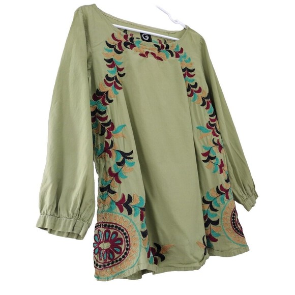 Bohemian Tunic Top Blouse Women's Size 14 Green Multicolor Floral Embroidered - Picture 3 of 11
